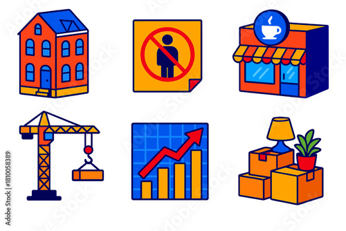 Gentrification Dynamics Icons. Isometric vector illustration set Gentrification Dynamics: renovated townhouse, eviction notice