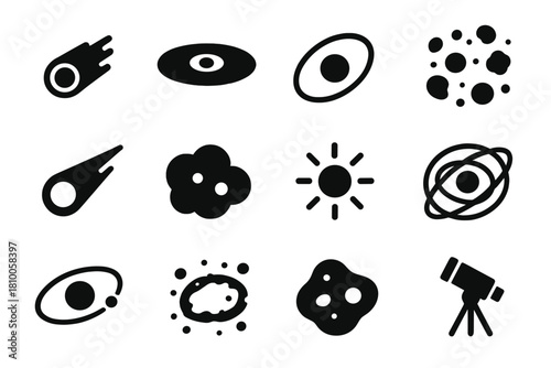 Astronomical Icons Collection. Solid style icons of Astronomical Formation: accretion, protoplanetary disk, orbiting body,