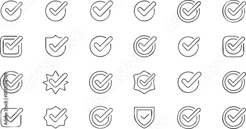 Grid of diverse black and white checkmark and verification icons