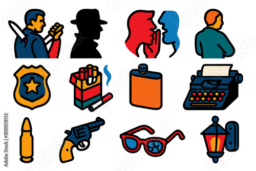 Noir Iconic Betrayal. Isometric vector illustration set Noir Betrayal: betrayal backstab, mysterious shadow, whispering lips,