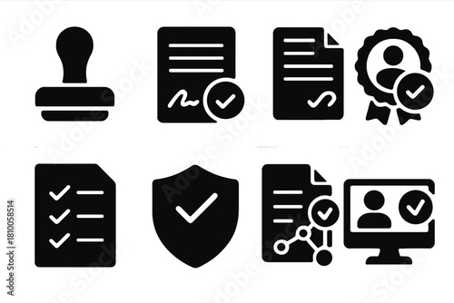 Ethics and Compliance Icons. Solid style icons of trial regulation and consent: ethics approval stamp, signed consent form icon,