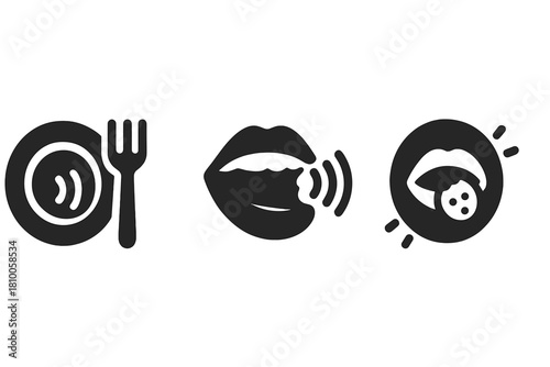 Culinary Sound Icons. Solid style icons of culinary sound and touch: crunch ripple wave, chew echo graph, bite-click icon. Dish