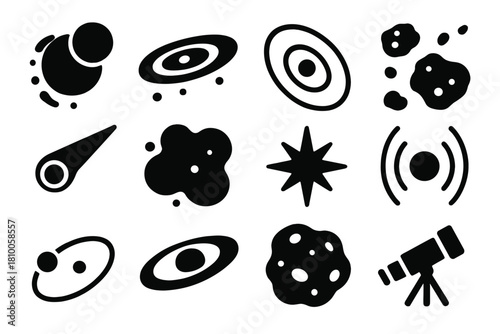 Astronomical Icons Collection. Solid style icons of Astronomical Formation: accretion, protoplanetary disk, orbiting body,