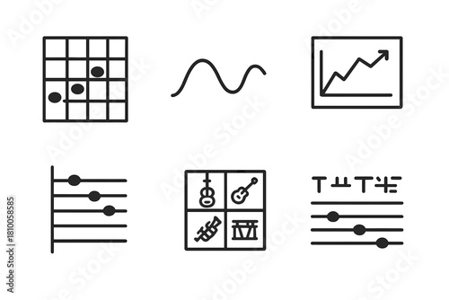 Music Analysis Icons. Line style icons of Comparative Music Analysis: rhythm vs pitch grid, melodic contour line, tempo variation