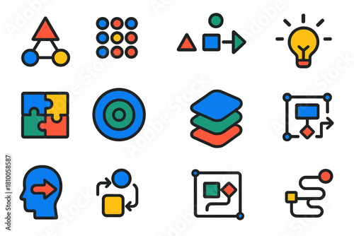 Abstract Thinking Icons. Flat vector icons of development of abstract thinking: geometric diagram, pattern recognition, symbolic