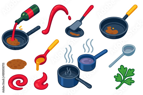 Cooking Technique Icons. Isometric vector illustration set Cooking techniques – deglazing pan, wine splash, spatula swipe; fond