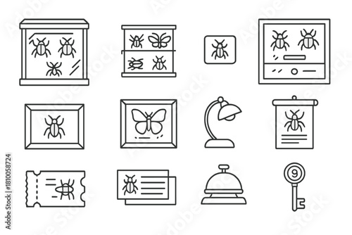 Entomology Museum Icons. Line style icons of entomology museum: glass cabinet, display shelf, label card, specimen drawer; wooden