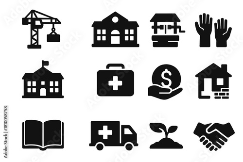 Peacebuilding Icons Collection. Solid style icons of Peacebuilding Efforts: reconstruction crane, community center, water well,