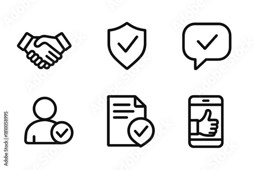Trust-Building Icon Set. Line style icons of trust-building in systems: trust handshake icon, feedback assurance badge, safe