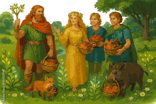 Vanir Gods in Eden. Vanir gods in a lush meadow with glowing plants, cheerful rivers, and animals carrying baskets of fruit No