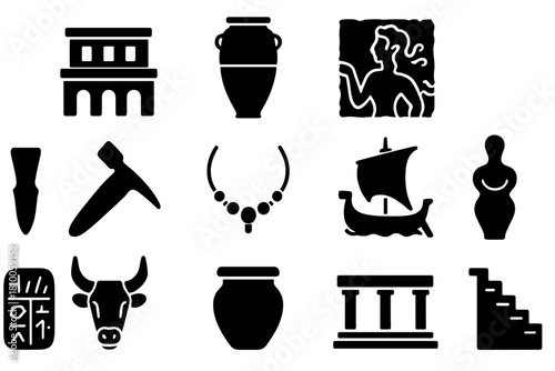 Bronze Age Crete Icons. Solid style icons of Bronze Age Crete: Palace, Storage Jar, Fresco, Bronze Tool, Jewelry, Ship, Bull Head