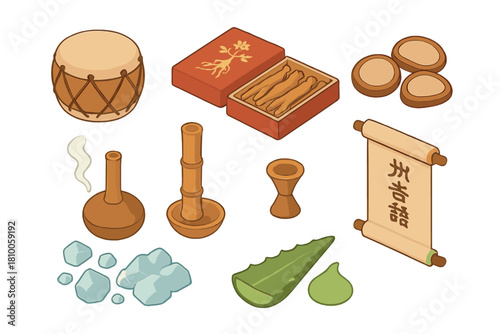 Traditional Healing Essentials. Isometric vector illustration set of Traditional medicine: traditional healing drum, Korean red
