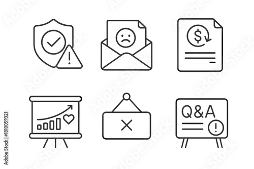 Crisis Communication Icons. Line style icons of customer communication during crisis: service update badge, apology letter icon,