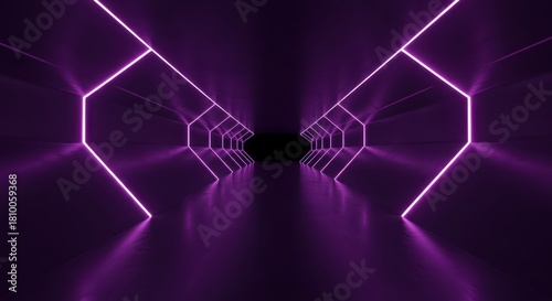 Repeating neon illuminated hexagonal structures guide vision toward a distant vanishing point in a dark corridor