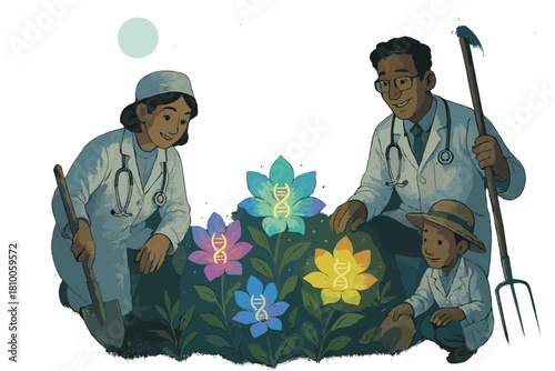 Moonlit Gene-Flower Garden. Healing forest with gene-flowers changing colors under moonlight, guided by doctors as friendly