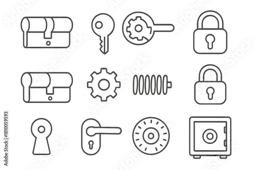 Lock System Icons. Line style icons of Lock System: Tumbler, Key, Internal Mechanism, Security; Cylinder, Gear, Spring, Padlock;