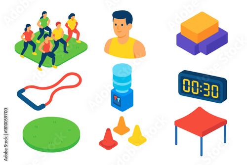 Isometric Park Fitness Icons. Isometric vector illustration set Park activities – group fitness class, instructor avatar, yoga