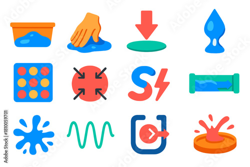 Shear-Thickening Fluid Icons. Flat vector icons of oobleck and shear-thickening fluids: cornstarch mixture, hand pressing, impact