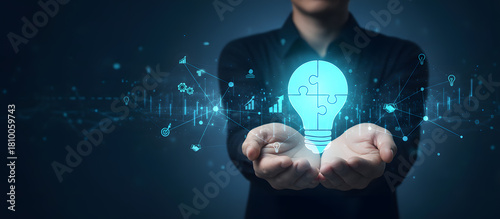 leadership and innovation concept with businessman offering bright business idea