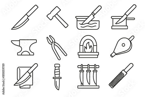Edge Craft Icons. Line style icons of Edge Craft: Forged Steel, Hammer, Oil Quench, Whetstone; Anvil, Tongs, Forge, Bellows; Blade