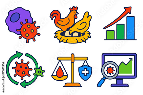 Ecology Immune Illustrations. Isometric vector illustration set Ecological immunology: animal immune cells, reproduction activity,