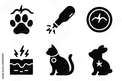 Veterinary Plasma Icons. Solid style icons of veterinary plasma use: pet paw with plasma arc, animal care tool, non-contact