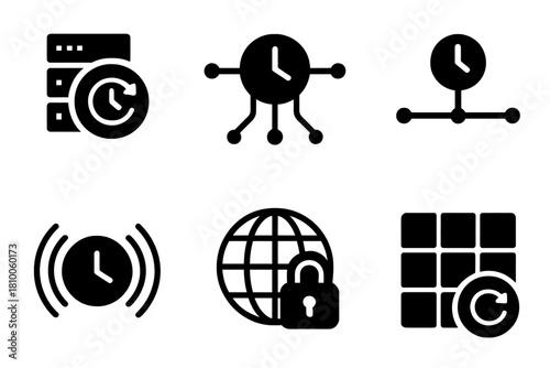 Time Sync Icons. Solid style icons of time-synchronized systems: synchronized server nodes, unified system clock, distributed