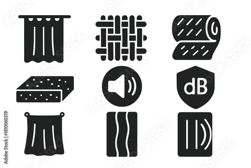 Acoustic Absorption Icons. Solid style icons of acoustic absorption textiles: soundproof curtain fold, echo dampening weave, noise