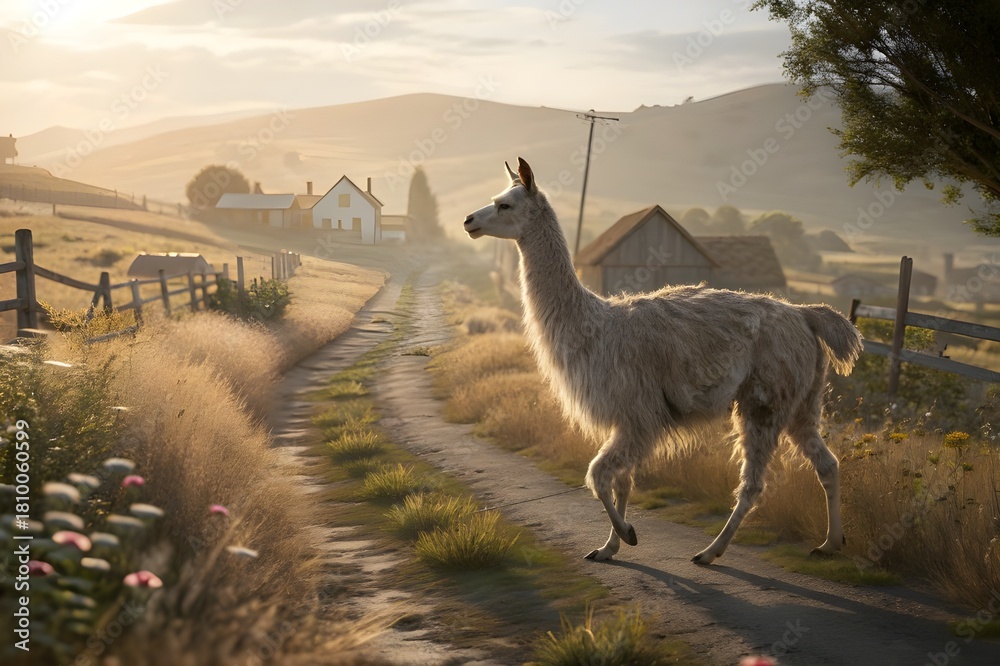 Obraz premium Llama Walking Down Sunny Dirt Road on Rural Farm