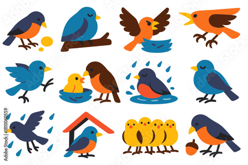 Bird Survival Icons. Flat vector icons of Bird Survival Strategies: scavenging food, roosting at night, defending nest, chasing