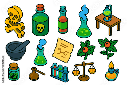 Vintage Toxicology Icons. Isometric vector illustration set Vintage Toxicology: crossbones sign, poison elixir bottle, antidote