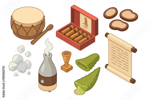 Traditional Healing Essentials. Isometric vector illustration set of Traditional medicine: traditional healing drum, Korean red