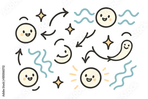 Joyful Quantum Doodle. Cheerful doodle quantum vacuum with happy virtual particles appearing and disappearing, smiling arrows