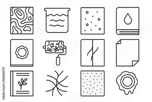 Decorative Papermaking Icons. Line style icons of decorative papermaking: marbled sheet, dyed pulp, gold fleck, watermark;
