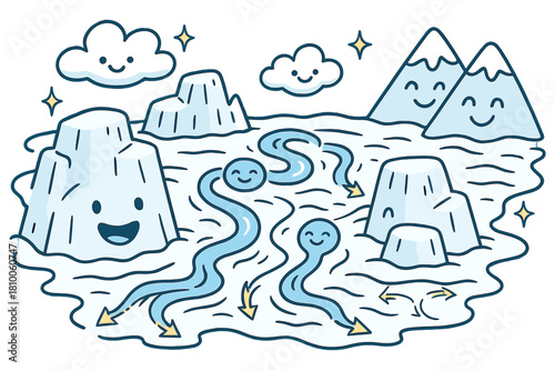 Joyful Antarctic Landscape. Joyful doodle Antarctic ice sheet scene with happy glaciers, cartoon meltwater rivers bouncing,