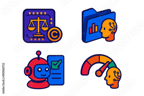 Ethical AI Icons. Isometric vector illustration set Ethical AI Art Concepts: Copyright scale icon, dataset transparency folder,