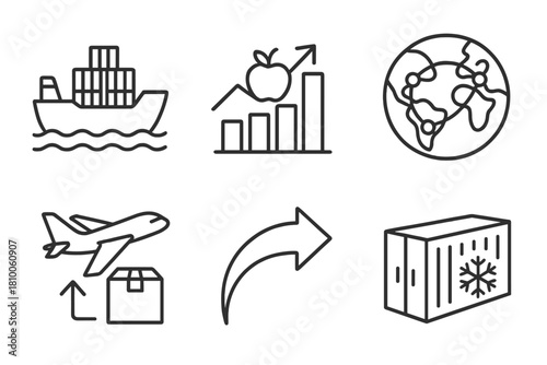 Global Food Distribution Icons. Line style icons of Global Food Distribution: cargo ship with crates, food export chart,