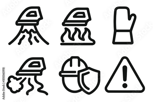 Extreme Ironing Icons. Line style icons of Extreme Ironing: volcano ironing, lava flow symbol, heat resistant gear, iron smoke