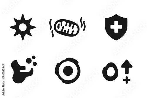 Oxidative Stress Icons. Solid style icons of oxidative stress exposure: reactive oxygen icon, mitochondria with stress waves,