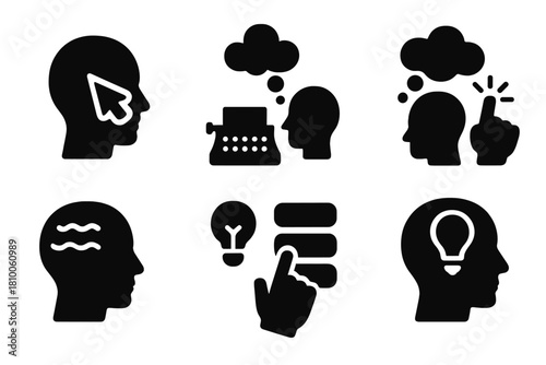 Telepathic Input Icons. Solid style icons of psi-enhanced speechless input: mind cursor icon, thought typewriter, telepathic