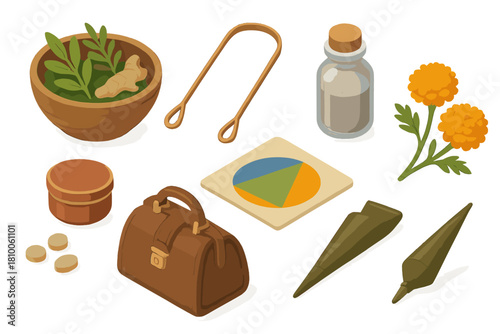 Ayurvedic Healing Essentials. Isometric vector illustration set of Traditional medicine: ayurvedic herbs bowl, copper tongue