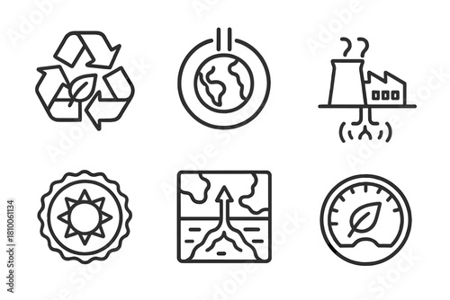 Geothermal Energy Icons. Line style icons of Renewable Geothermal Energy: sustainable cycle symbol, zero emissions icon,