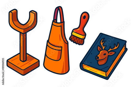 Vibrant Taxidermy Icons. Isometric vector illustration set Taxidermy Workshop Scene: Wooden mounting stand, hanging apron, fur