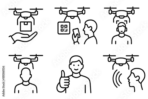 Drone Interaction Icons. Line style icons of drone-to-person interactions: hand receiving drone box, person scanning package QR,