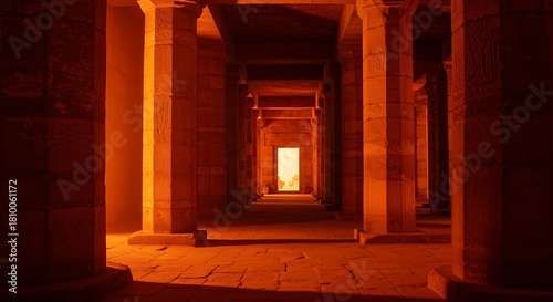 Dramatic view of columns and passageway in ancient temple interior design