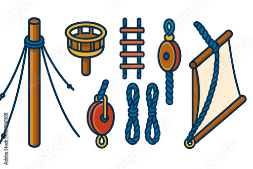 Colorful Sailing Rigging Icons. Isometric vector illustration set Rigging and Masts: wooden mast, crow’s nest, rope ladder, pulley