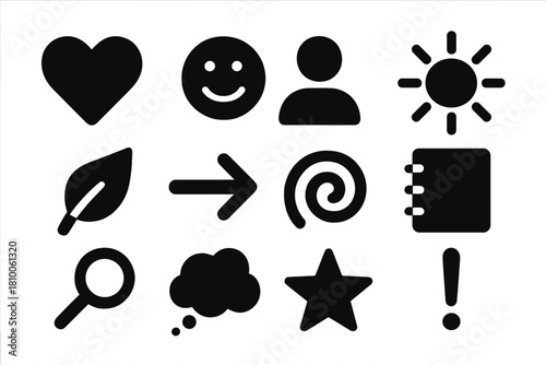 Well-Being Icons. Solid style icons of impact on well-being: heart, smiley face, human silhouette, sun, leaf, arrow, spiral,