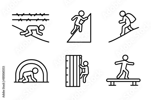 Race Obstacle Icons. Line style icons of race obstacles: barbed wire crawl zone, slippery slope ramp, sandbag carry hill, rope