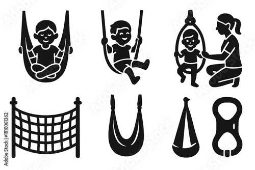 Kids Aerial Yoga Icons. Solid style icons of kids aerial yoga: child in hammock pose, playful swing icon, balance game loop.