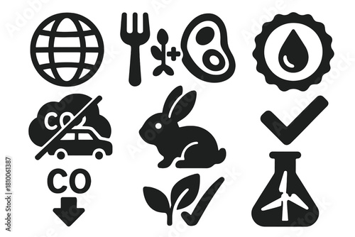 Sustainable Food Icons. Solid style icons of sustainable food icons: globe with fork, plant-based cell merging with meat cell,